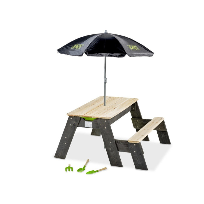 Aksent zand- water- en picknicktafel 1 bankje met parasol en tuingereedschap