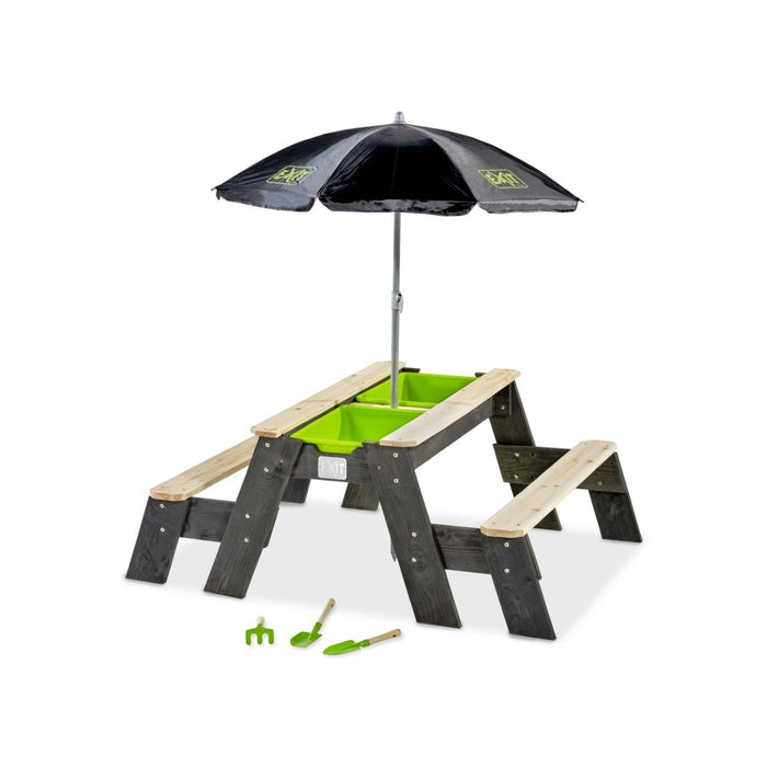 Aksent zand- water- en picknicktafel 2 bankjes met parasol en tuingereedschap
